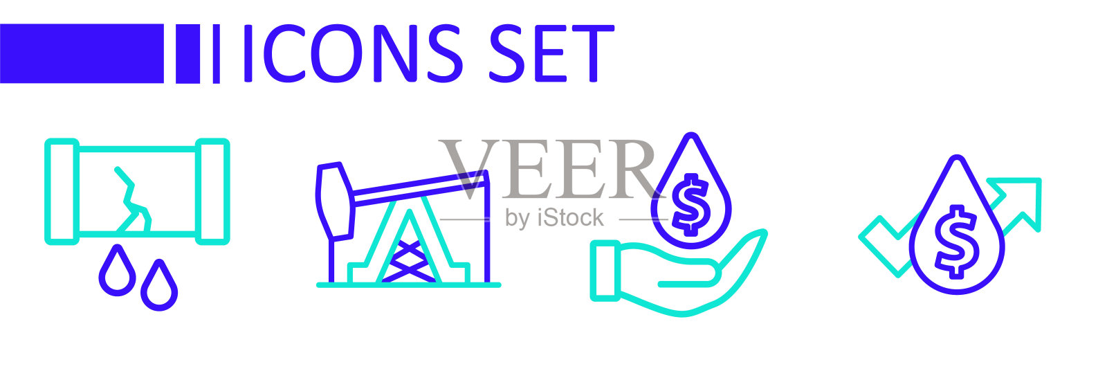 设置油管价格上涨,下跌,有美元符号,泵或泵千斤顶和破裂油管阀门图标。向量插画图片素材