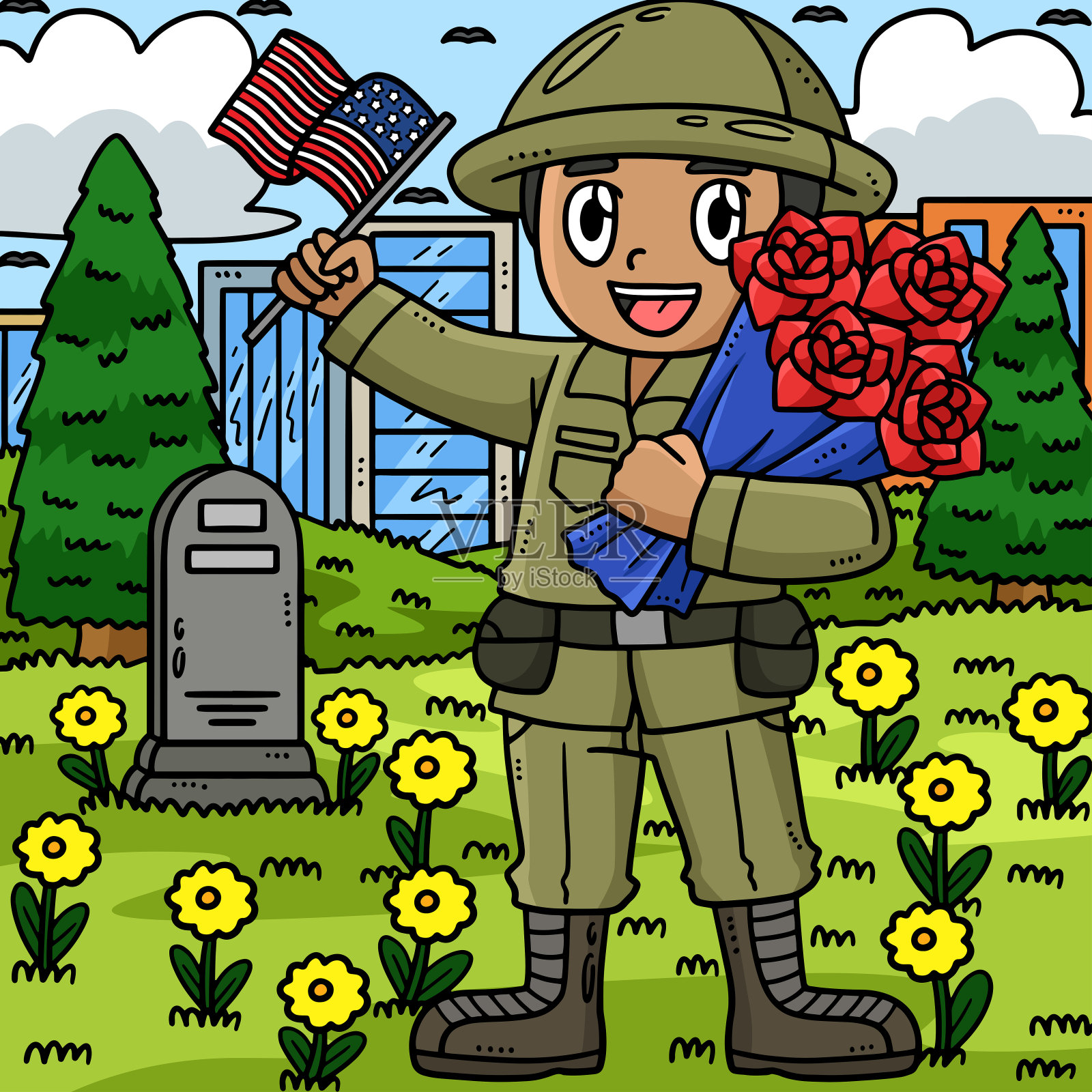 阵亡将士纪念日士兵花束和彩色国旗插画图片素材