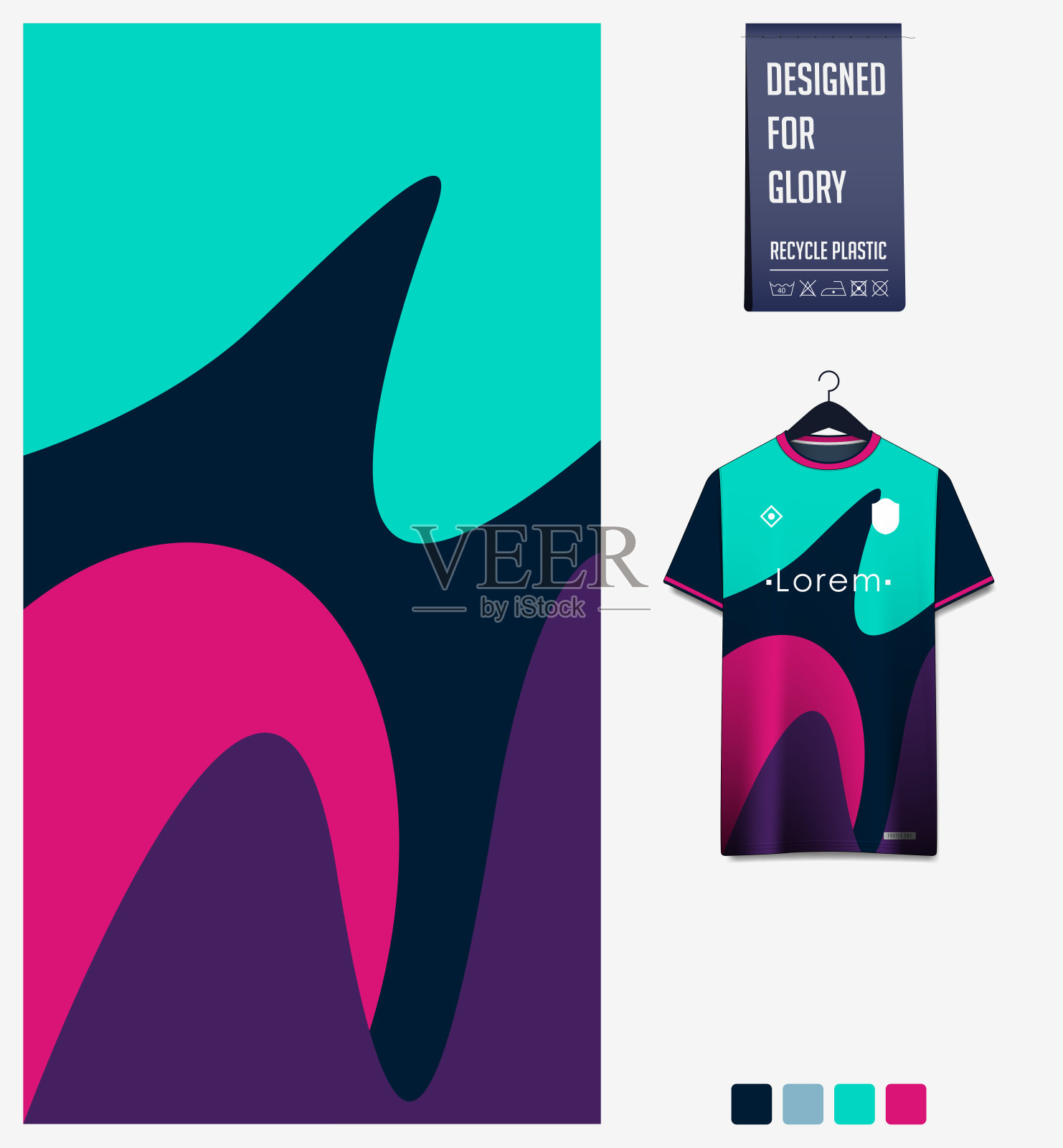 足球球衣图案设计。蓝色背景上的流体图案为足球装备,足球装备,运动制服。T恤模型模板。结构模式。抽象的背景。插画图片素材