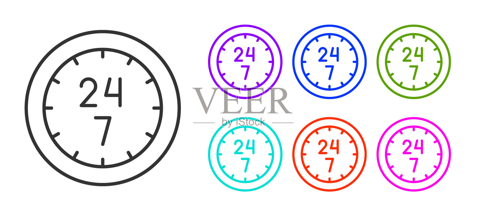 黑线时钟24小时图标隔离在白色背景。全天循环图标。24小时服务标志。设置图标彩色。向量插画图片素材