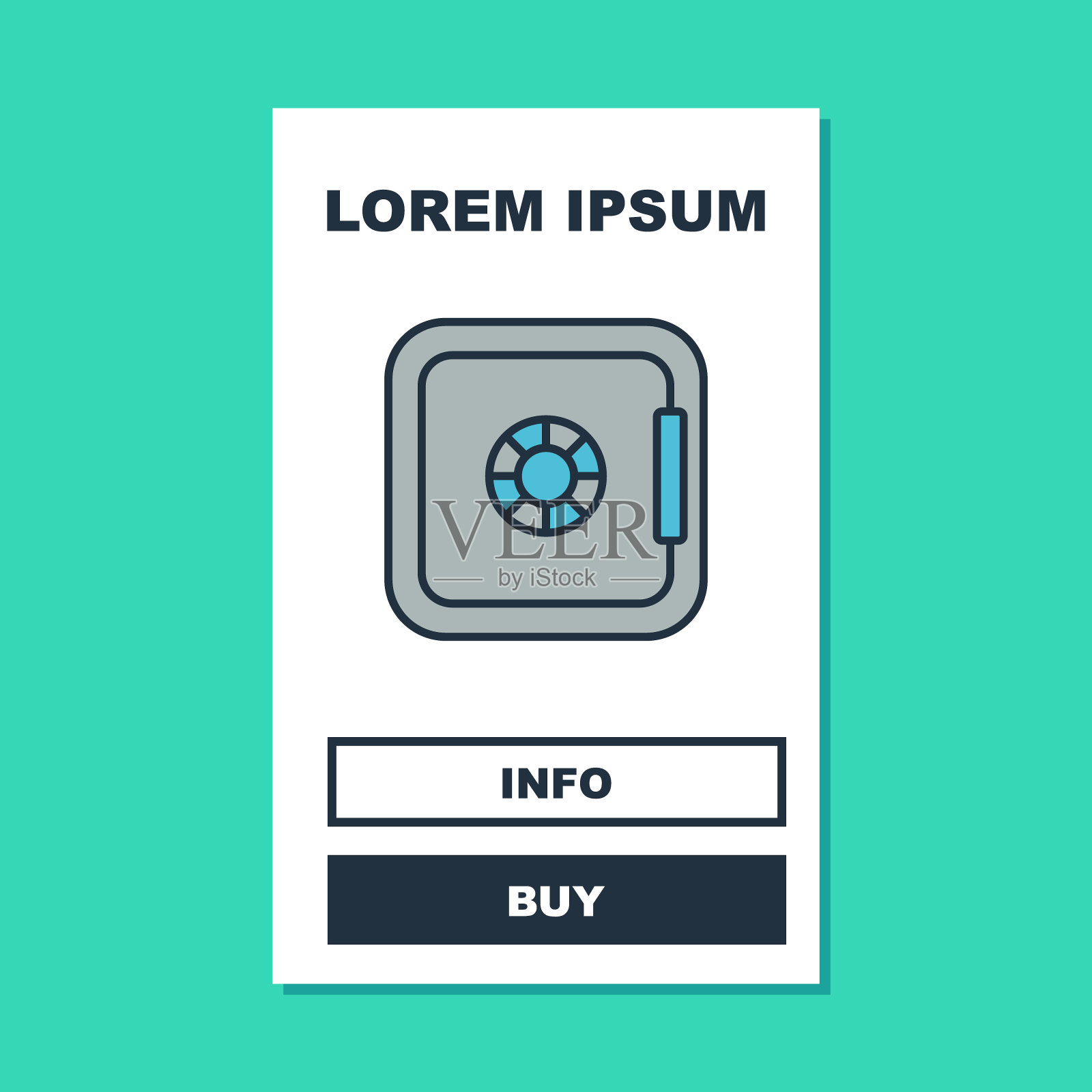 填充轮廓安全图标隔离在绿松石背景。这扇门装有密码锁,是银行金库的保险柜。可靠的数据保护。向量插画图片素材