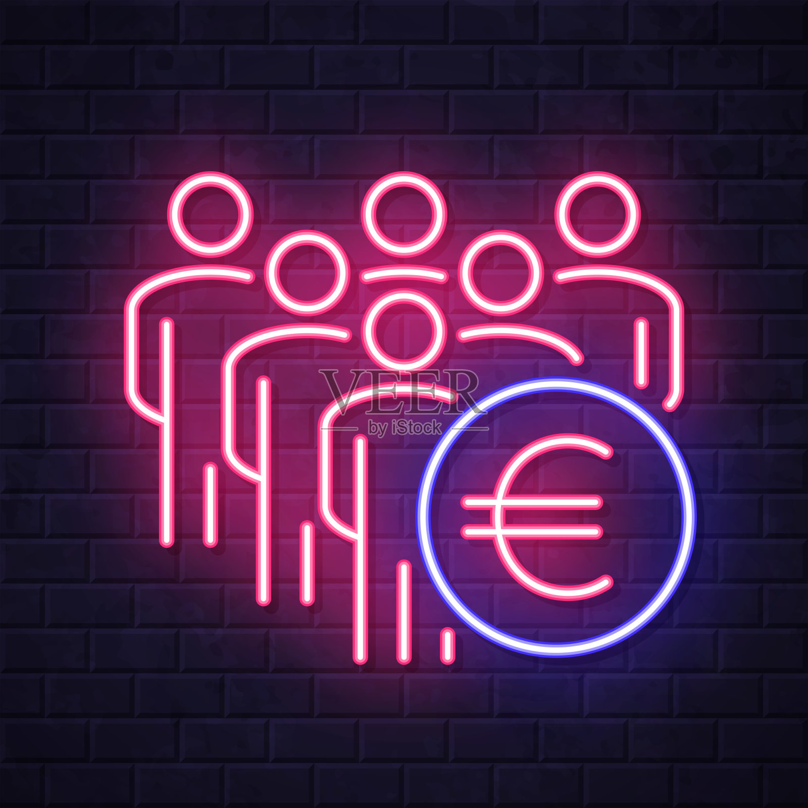 人群中有欧元标志。在砖墙背景上发光的霓虹灯图标插画图片素材
