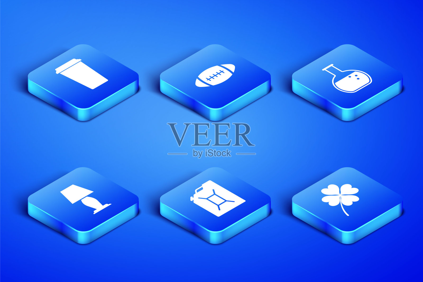 集四叶三叶草,咖啡杯,罐汽油,台灯,美式足球和试管和烧瓶图标。向量插画图片素材