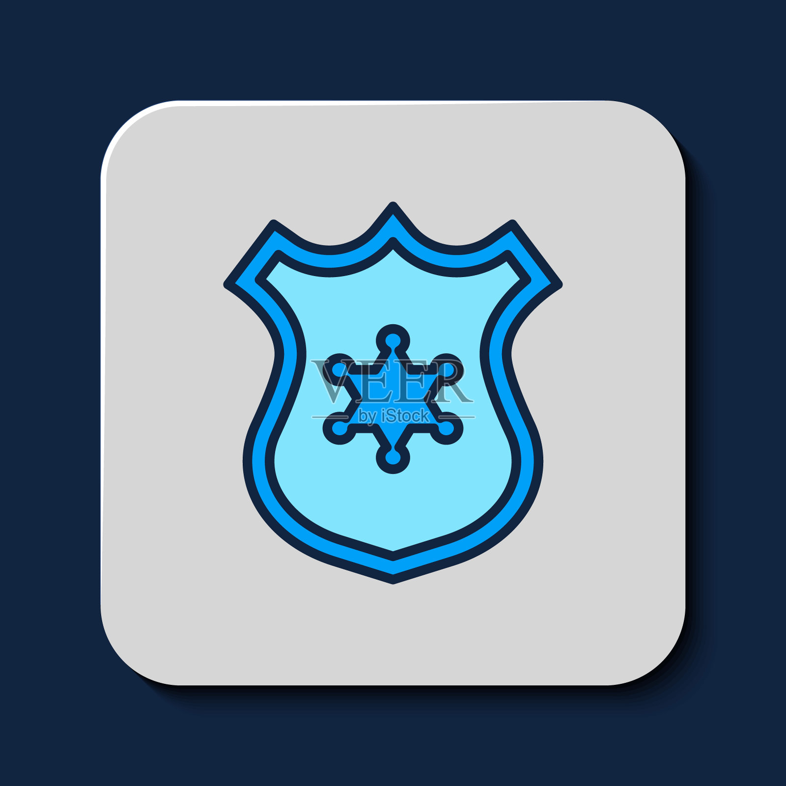 填充轮廓警察徽章图标孤立的蓝色背景。警长徽章。向量插画图片素材