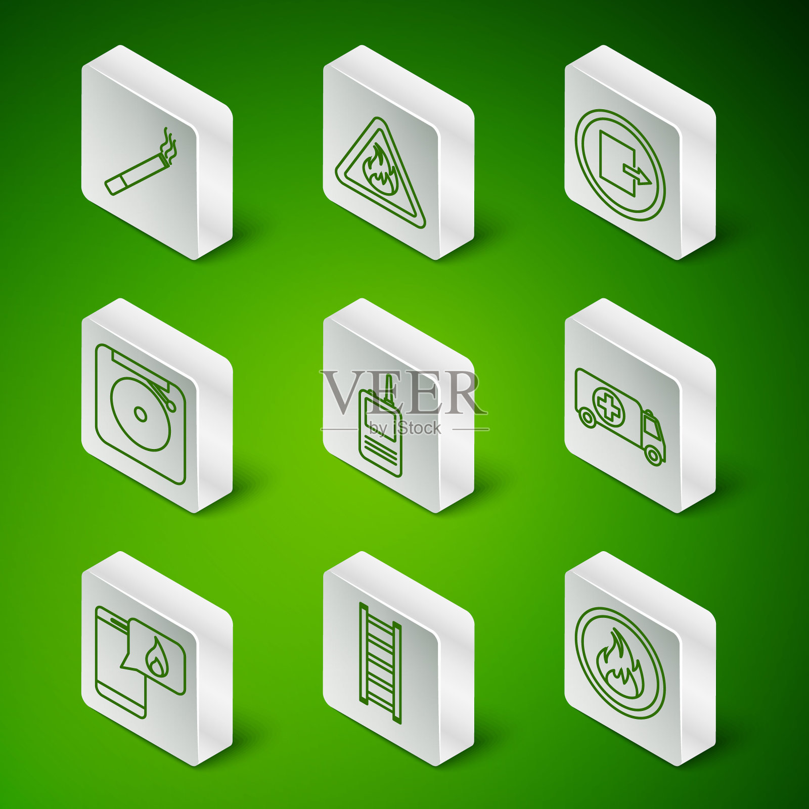 设置线火焰,逃生,香烟,对讲机,响警铃,三角形,电话紧急呼叫911和救护车和汽车图标。向量插画图片素材