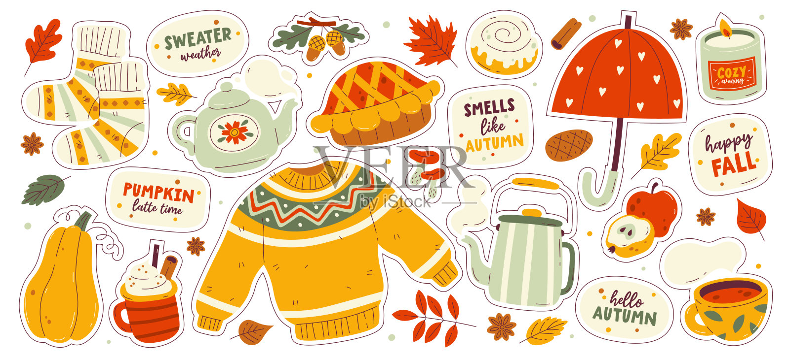 舒适的秋天贴纸包,你好秋天和毛衣天气季节性可爱的设计元素孤立集插画图片素材