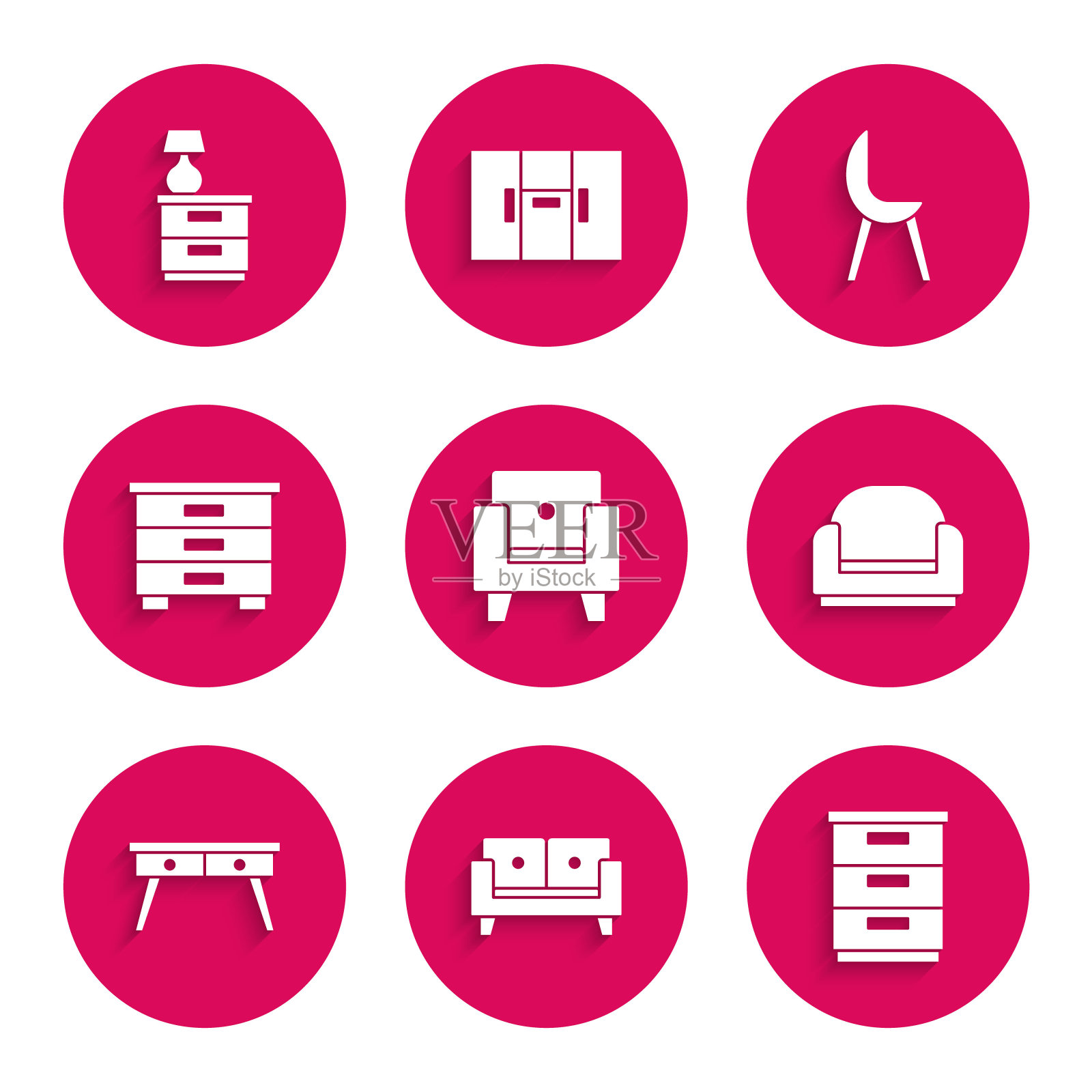 集扶手椅,沙发,家具床头柜,办公桌,并与灯图标。向量插画图片素材