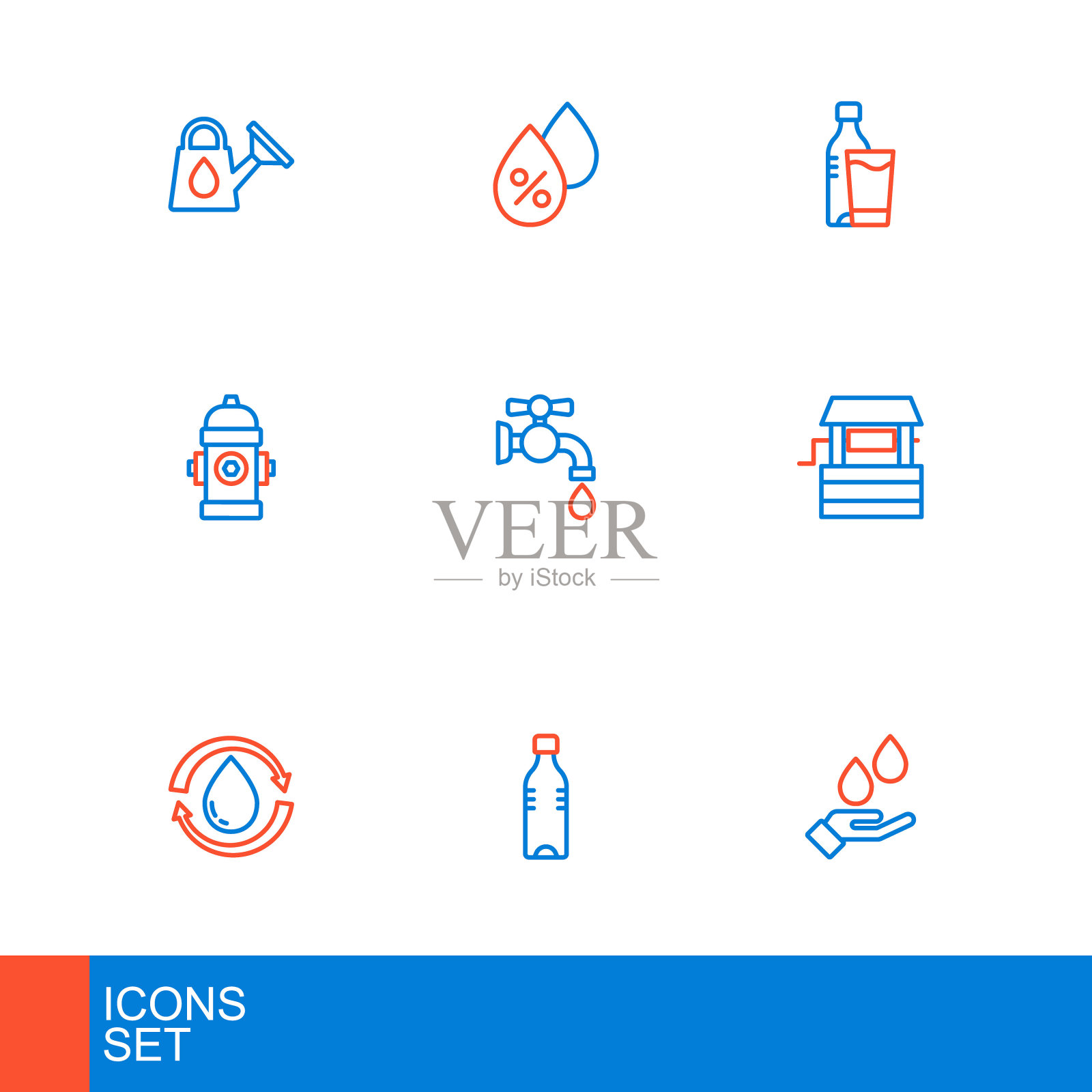 设置线洗手用肥皂,瓶装水,回收清洁水,好,消防栓,水龙头,玻璃和下降百分比图标。向量插画图片素材