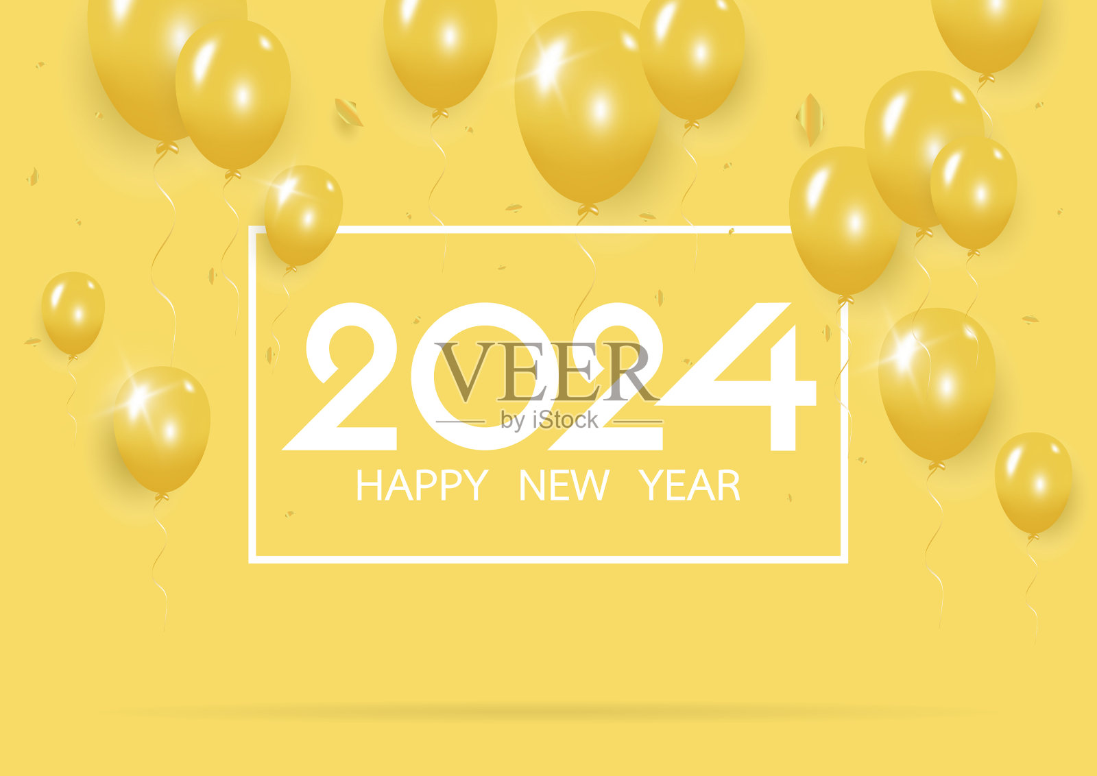 用创意黄色气球祝2024年新年快乐插画图片素材