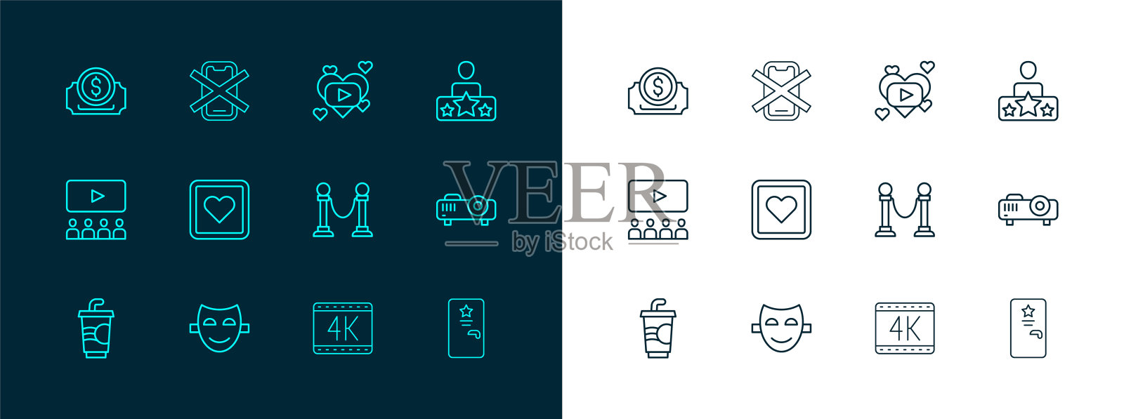集线演员明星,喜剧戏剧面具,绳屏障,4k电影,喜欢的心,浪漫,电影票和没有手机图标。向量插画图片素材