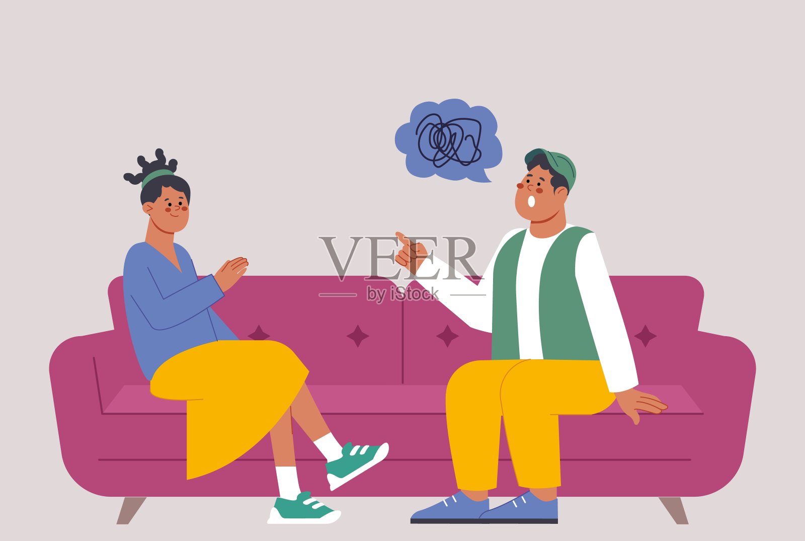 心理治疗场景:男人尖叫,混乱与支持插画图片素材