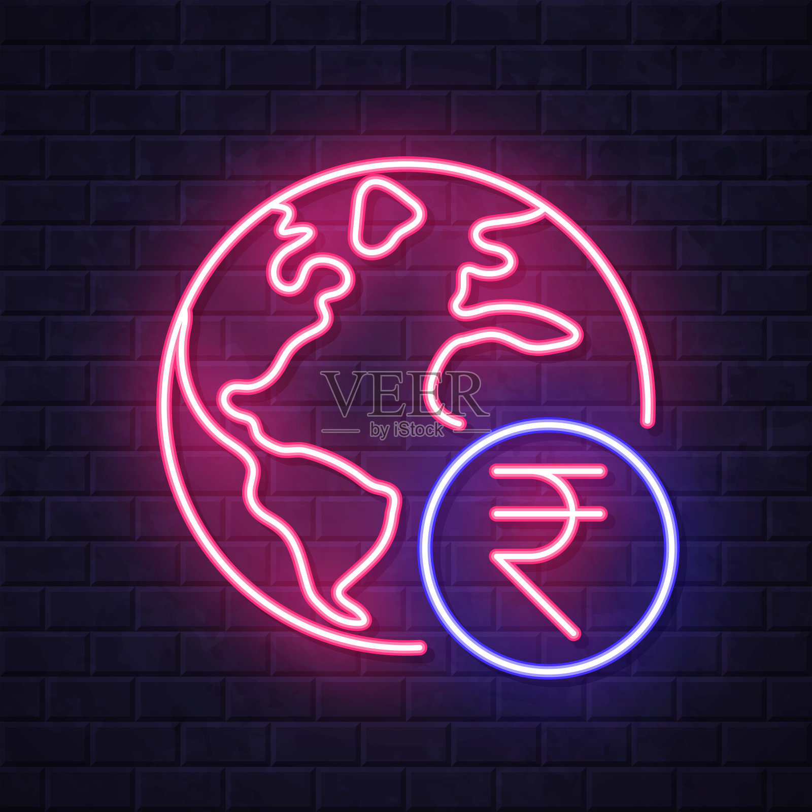 地球上有印度卢比标志。在砖墙背景上发光的霓虹灯图标插画图片素材