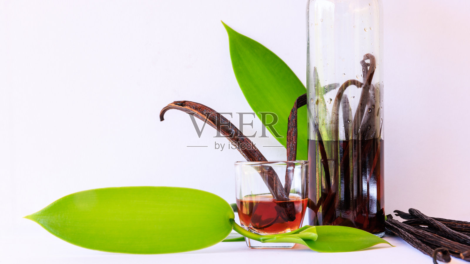 将香草豆荚加工成盛水的酒瓶,用白色背景上的绿色香草叶分离出来的酒杯,照片摄影图片
