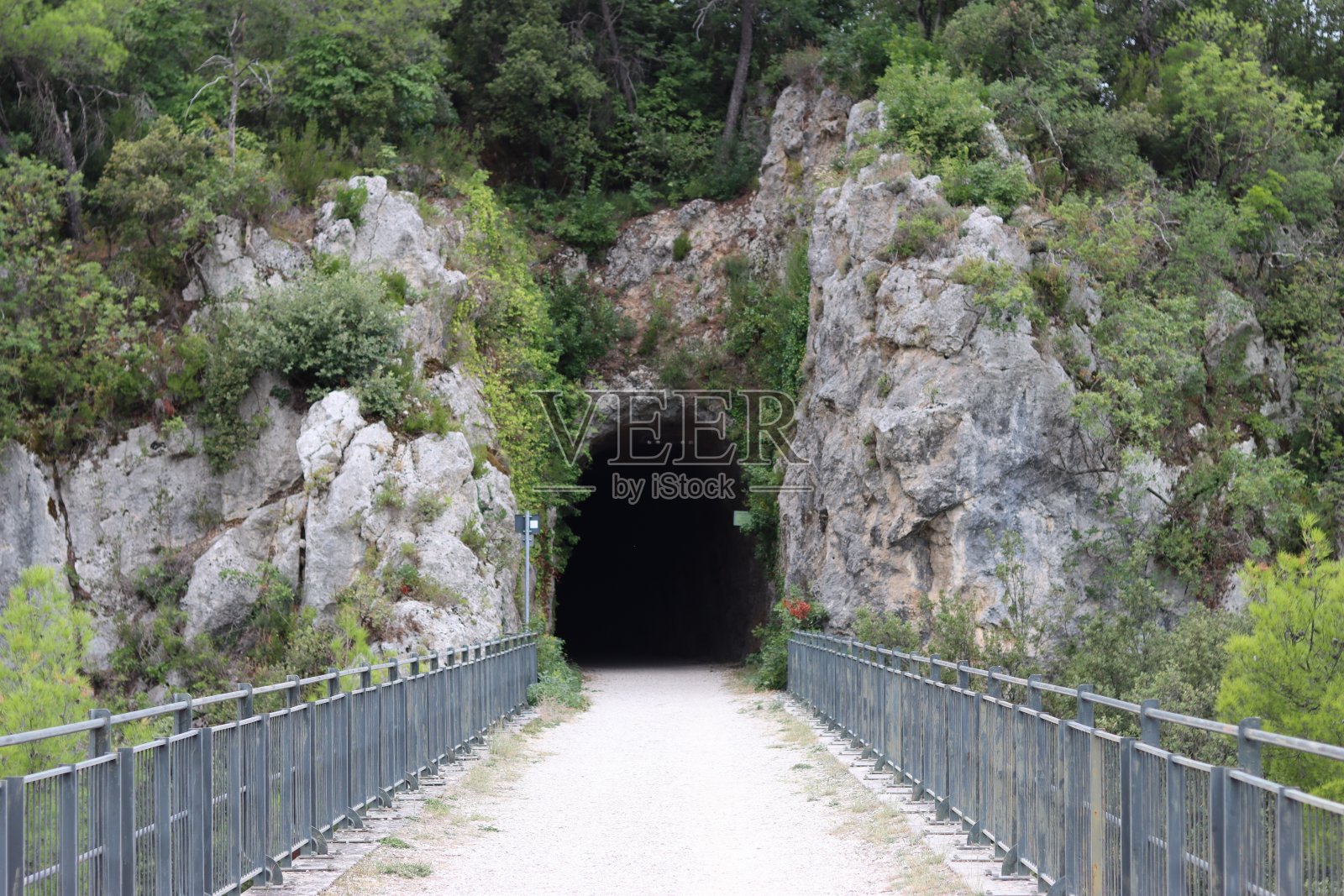 以前的铁路线穿过一座桥,消失在山坡上的隧道里照片摄影图片