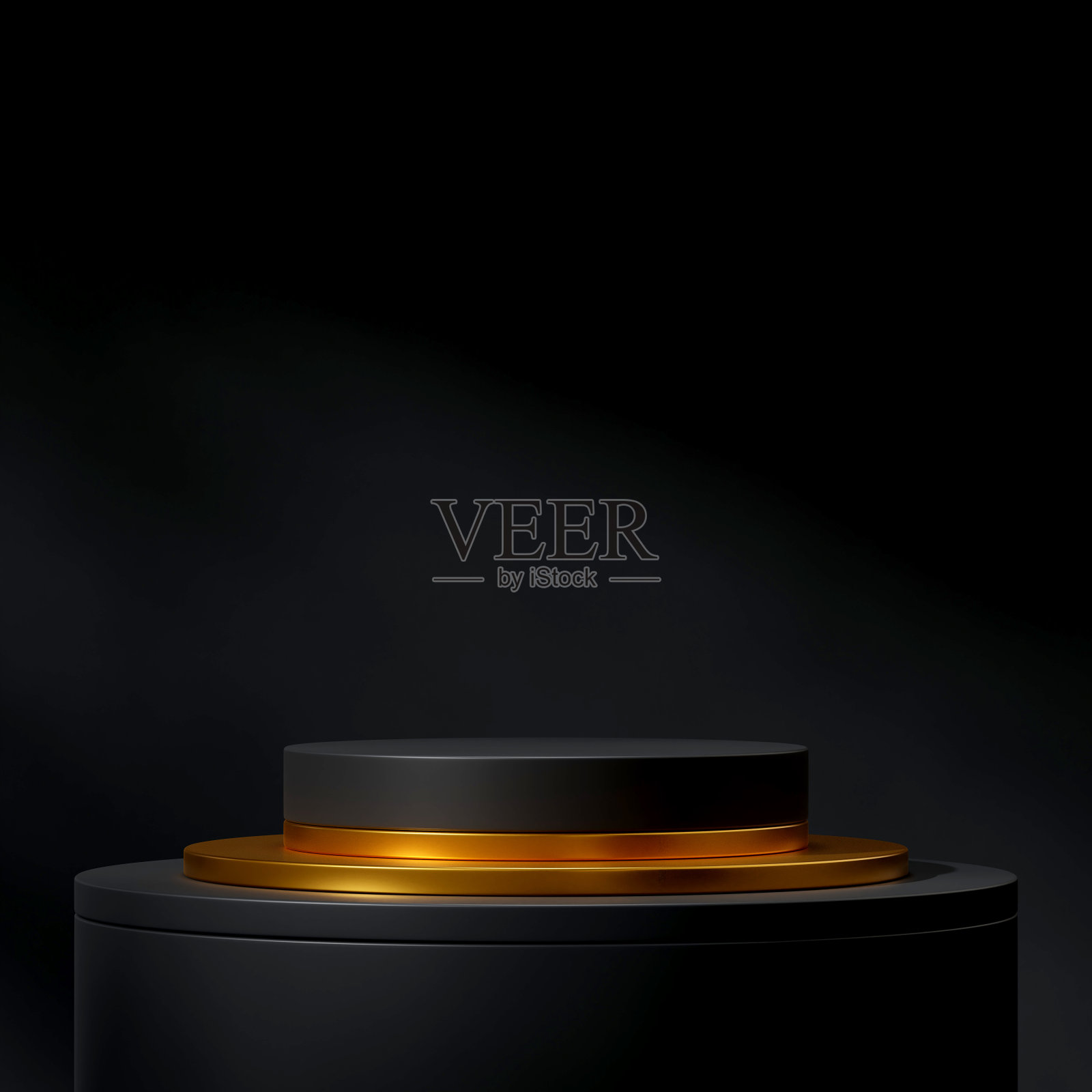 场景模型黑色和金色圆柱讲台在方形暗墙背景,3d渲染照片摄影图片