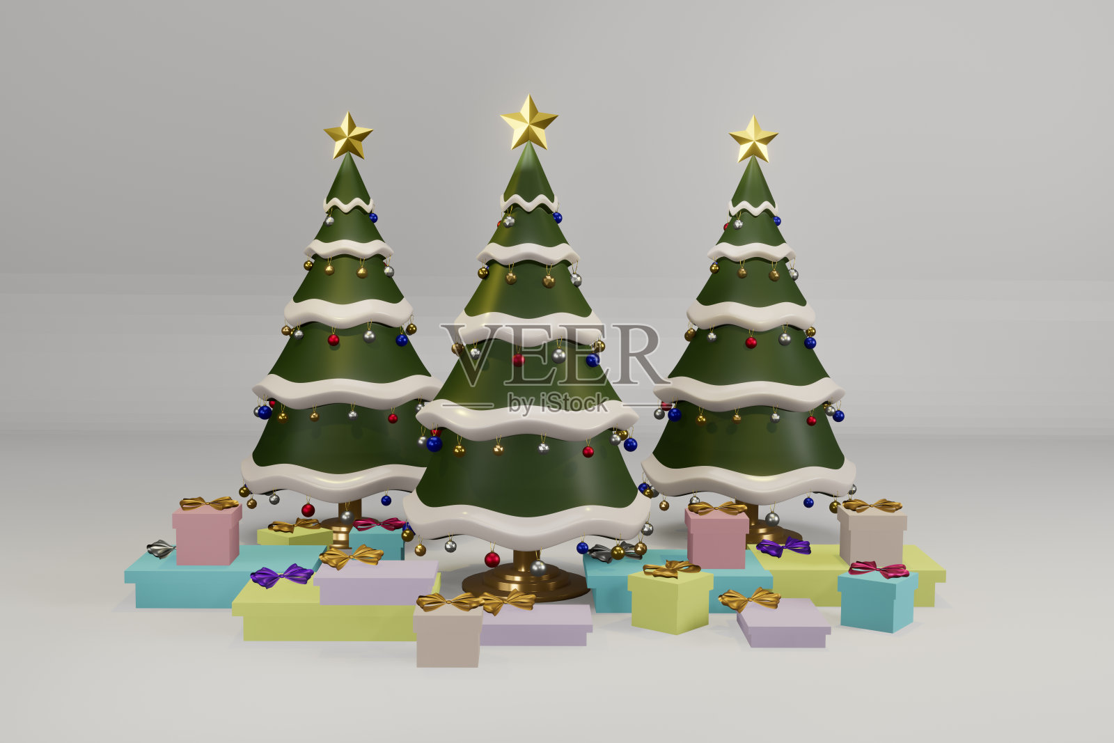 3d渲染带有装饰品的圣诞树。照片摄影图片