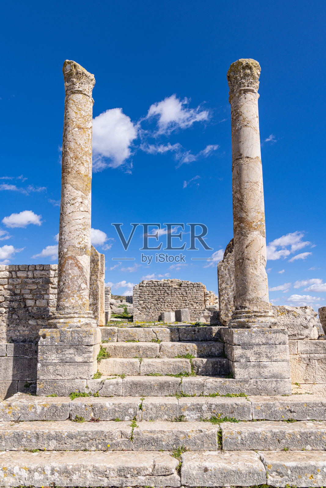 突尼西亚杜加罗马遗址的石柱。照片摄影图片