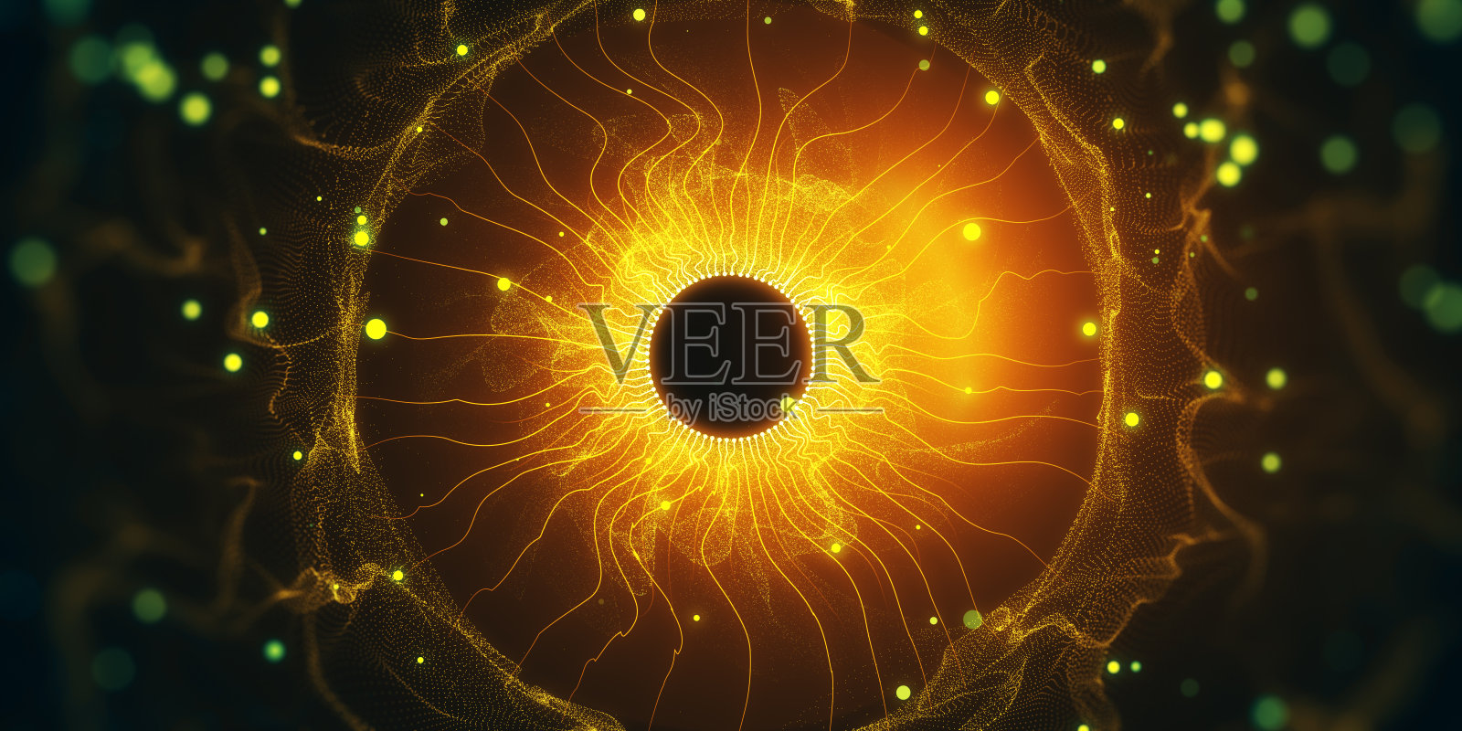 一个带有发光节点和金色黑洞的神经网络的插图。人工智能和科学概念。三维渲染照片摄影图片