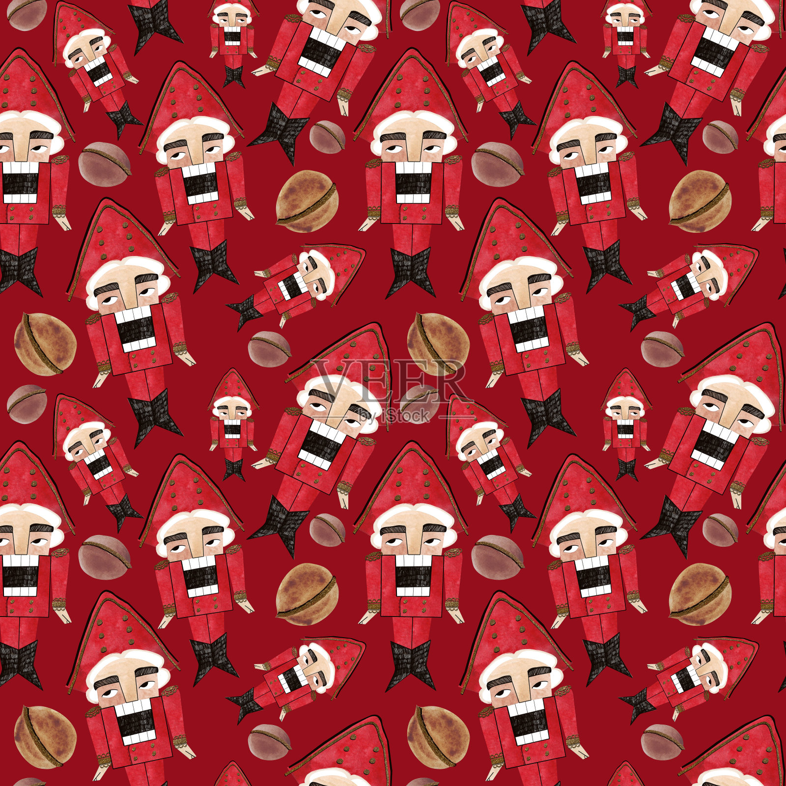 胡桃夹子和坚果。无缝水彩图案的新年和圣诞节包装纸。圣诞树下为孩子们准备的复古风格的礼物。插画图片素材