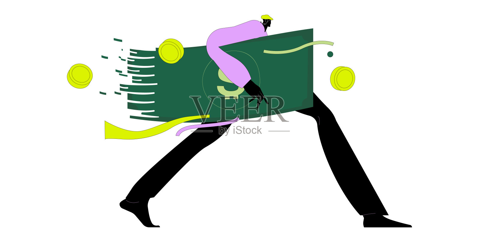 手持大额美元钞票的女商人在损失、崩溃和贬值的同时。插画图片素材