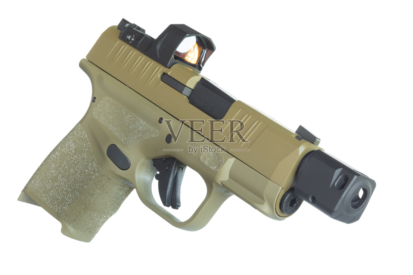 半自动9毫米手枪,安装了炮口制动器照片摄影图片