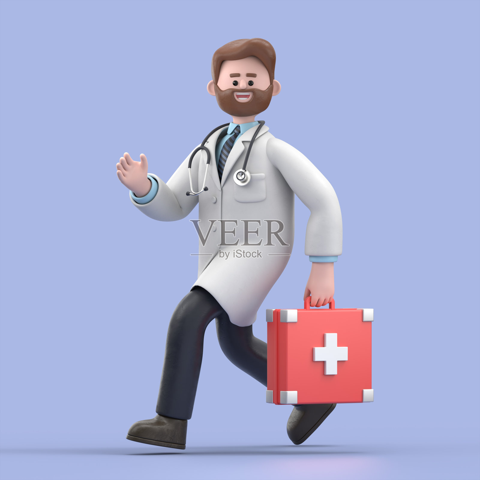 男医生艾弗森跑步的3D插图。在蓝色背景上隔离的医学演示剪贴画。照片摄影图片