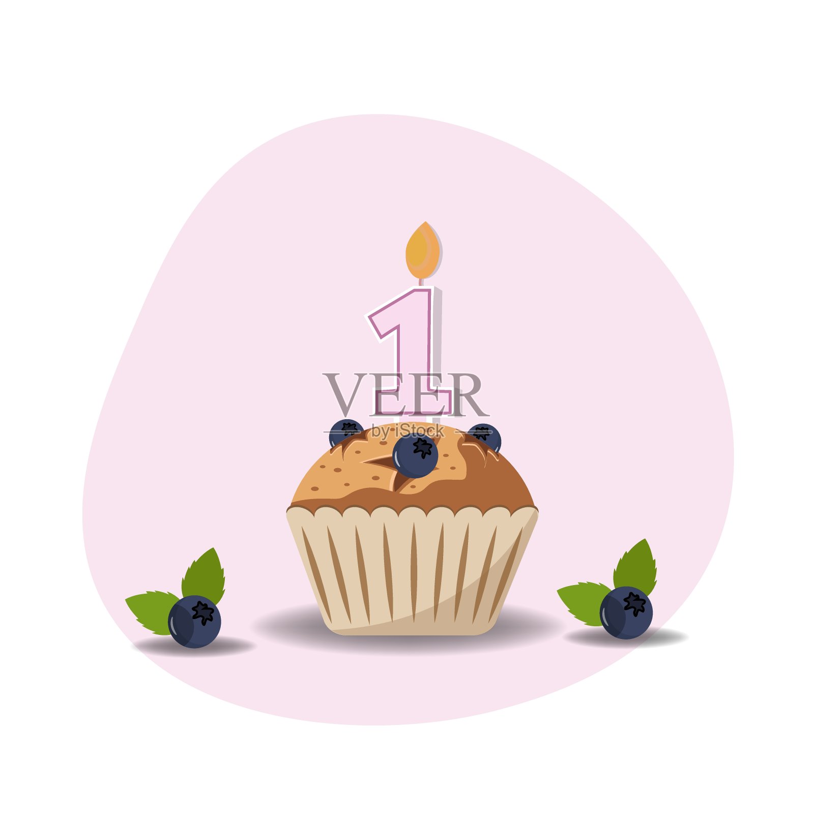 第一个生日蛋糕,上面点着1号形状的蜡烛插画图片素材