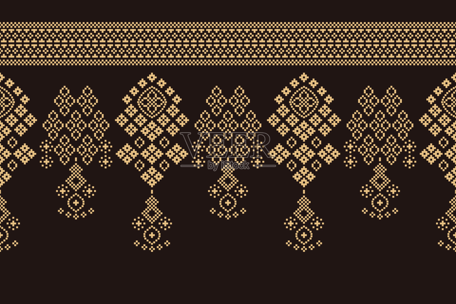 民族几何织物图案十字绣。伊卡特刺绣民族东方像素图案棕色背景。插画图片素材
