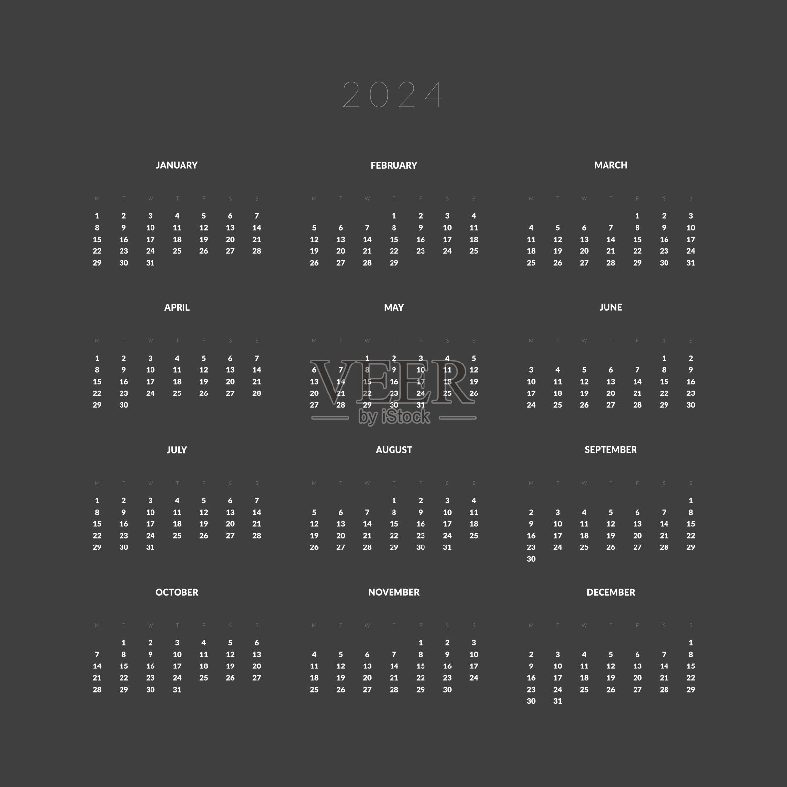 方形2024年历模板。矢量布局的墙或书桌简单的日历与周开始星期一。日历设计在深色印刷插画图片素材