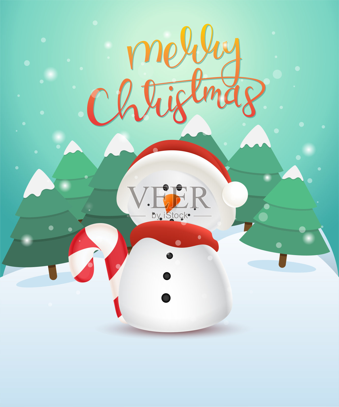 圣诞快乐贺卡设计与一个可爱的雪人拿着拐杖糖。矢量插图。插画图片素材