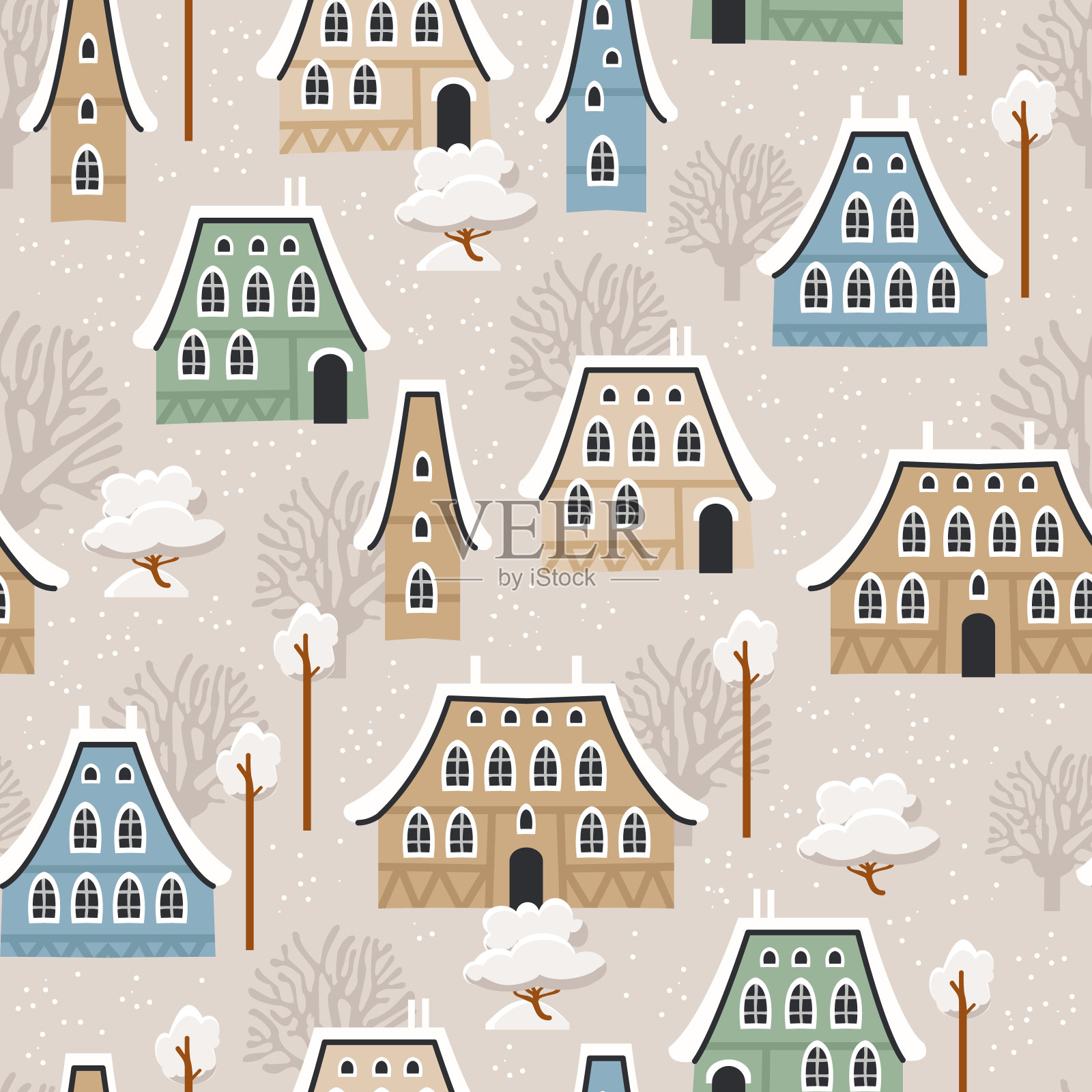 圣诞无缝图案搭配冬季房屋、树木等元素。插画图片素材
