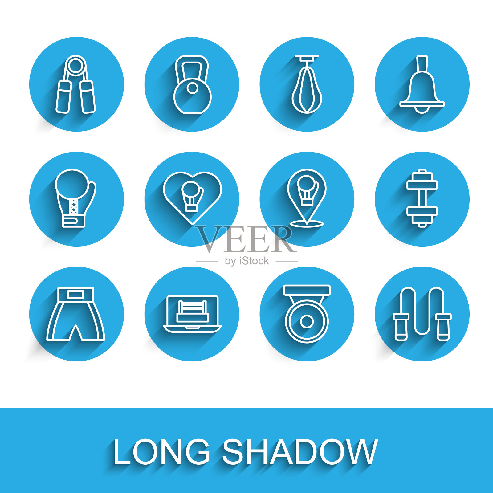 集线拳击短,环,运动扩展器,锣,跳绳,手套,哑铃和图标。向量插画图片素材