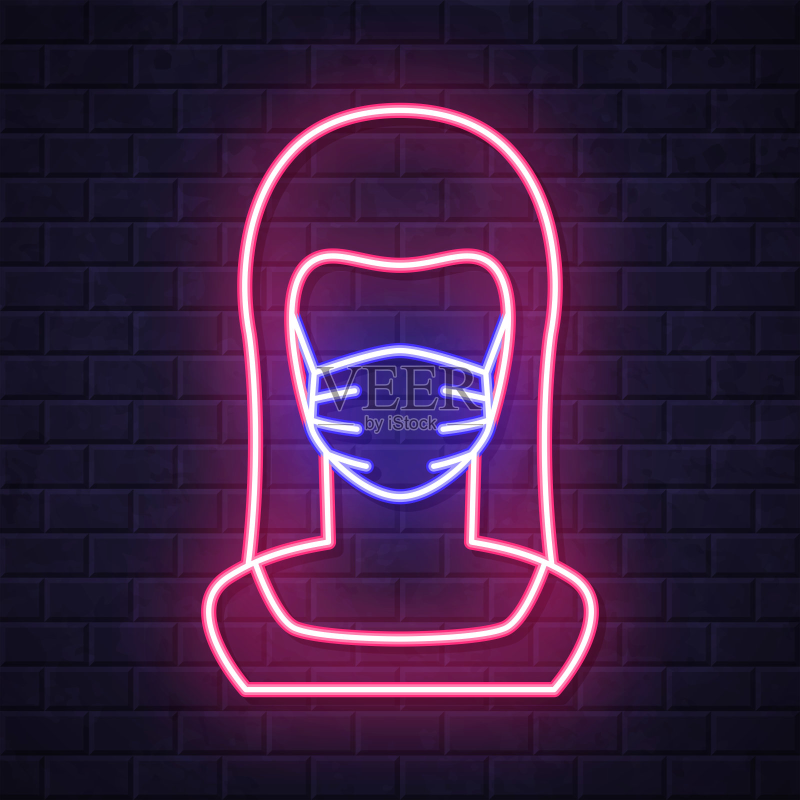 戴医用面罩的妇女。在砖墙背景上发光的霓虹灯图标插画图片素材