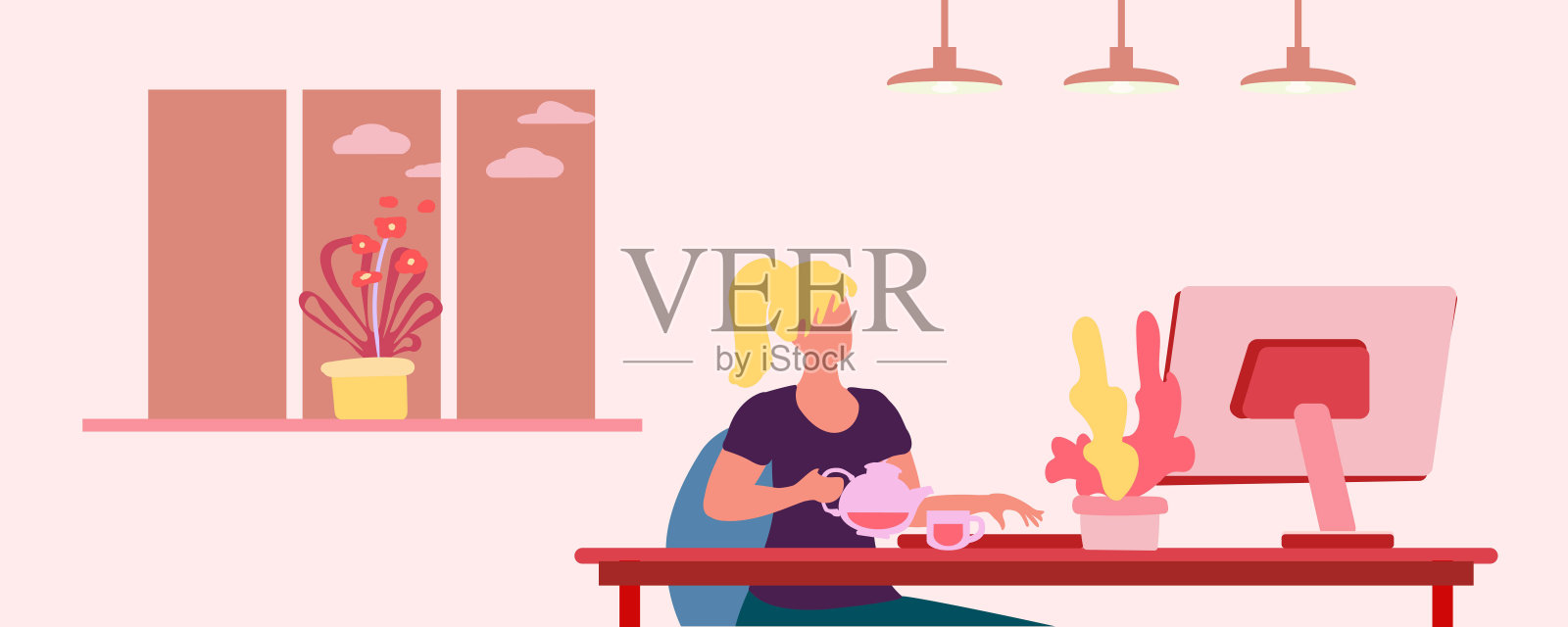 女孩在电脑,远程工作的概念,自由职业者,卡通平面矢量插图插画图片素材