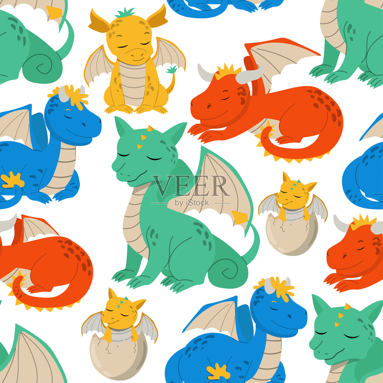 龙矢量无缝图案在一个白色的背景。插画图片素材