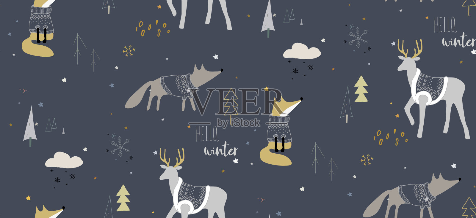 森林里狐狸和鹿的无缝冬季图案插画图片素材