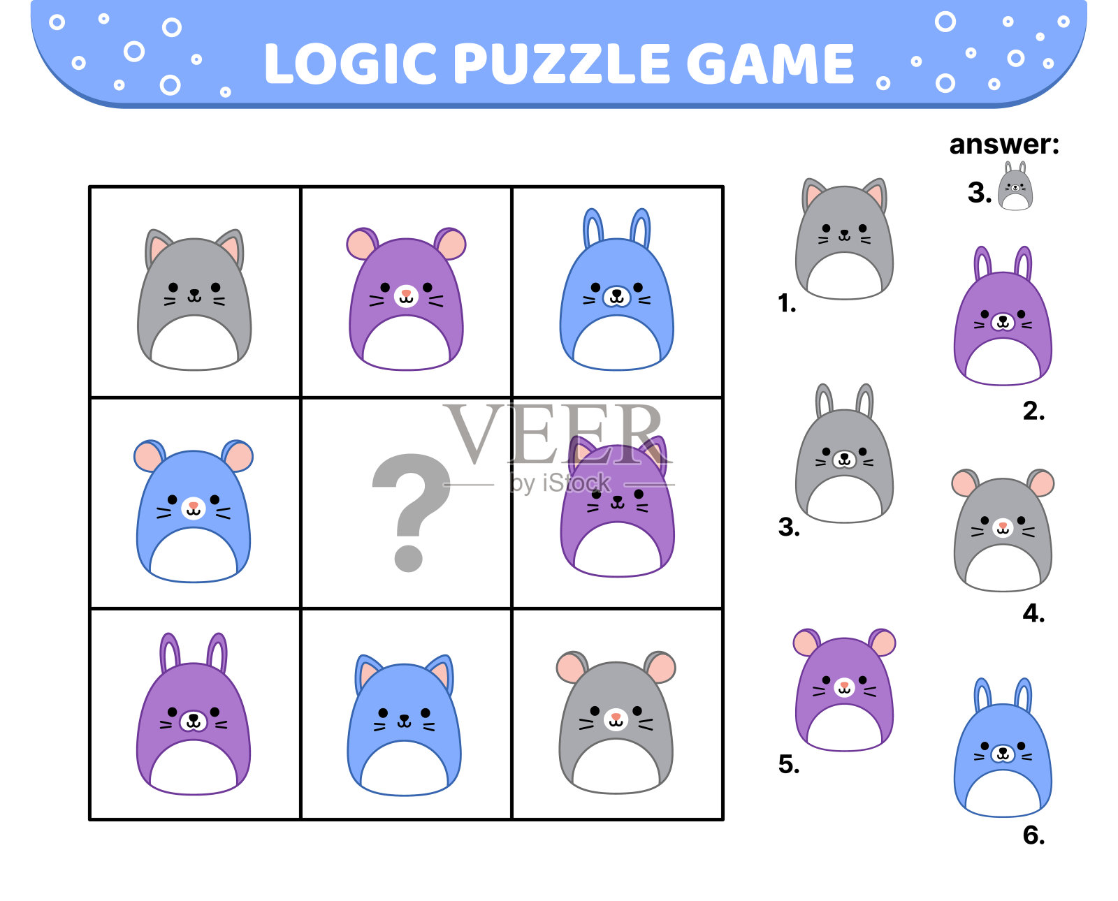 逻辑益智游戏。老鼠,猫,兔子。为孩子。Squishmallow。卡通,卡哇伊插画图片素材