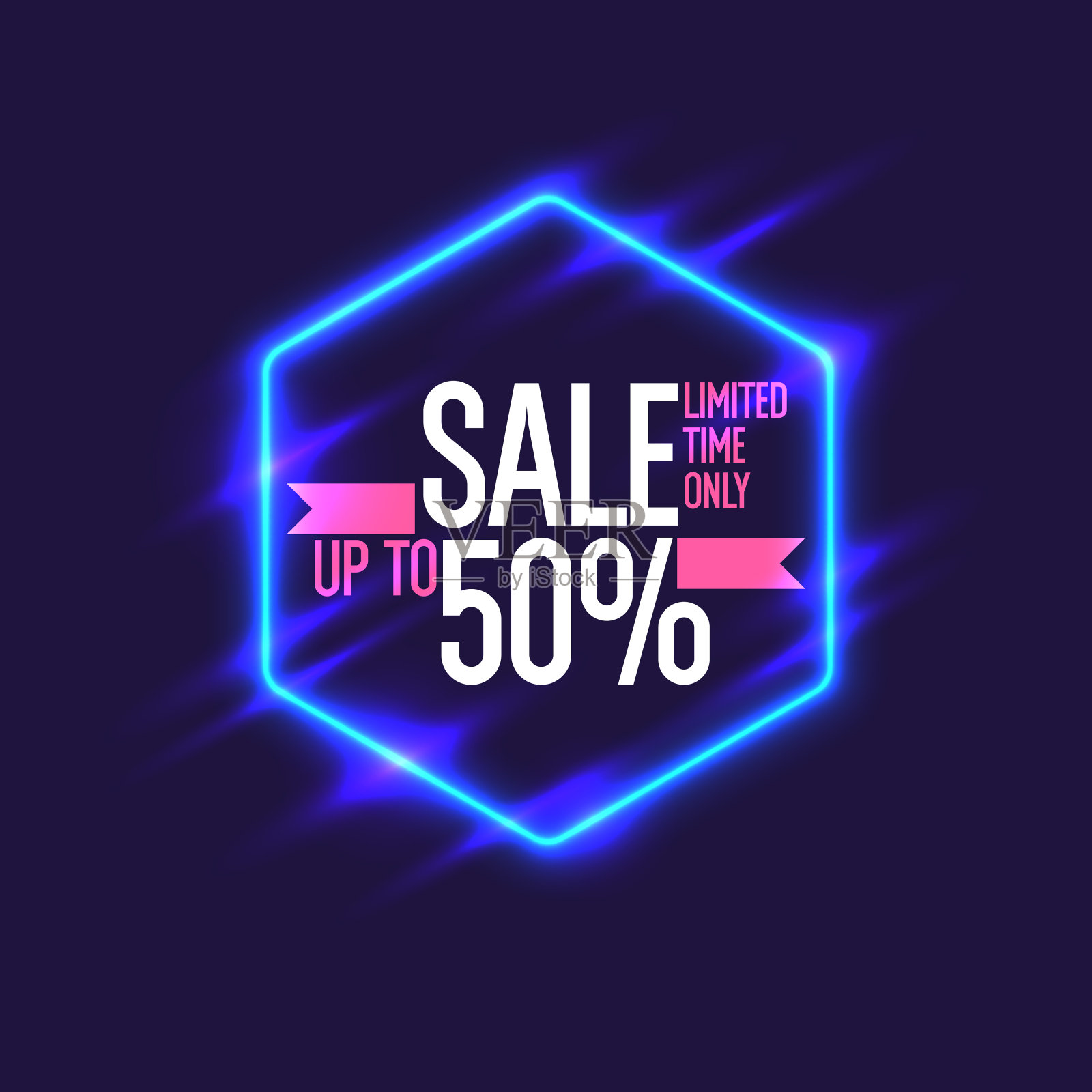 销售旗帜。原海报折扣。几何形状和霓虹灯在黑暗的背景下发光。插画图片素材