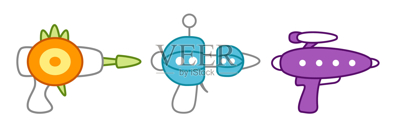 一套激光宇宙爆破器。不明飞行物枪。卡通、矢量插画图片素材