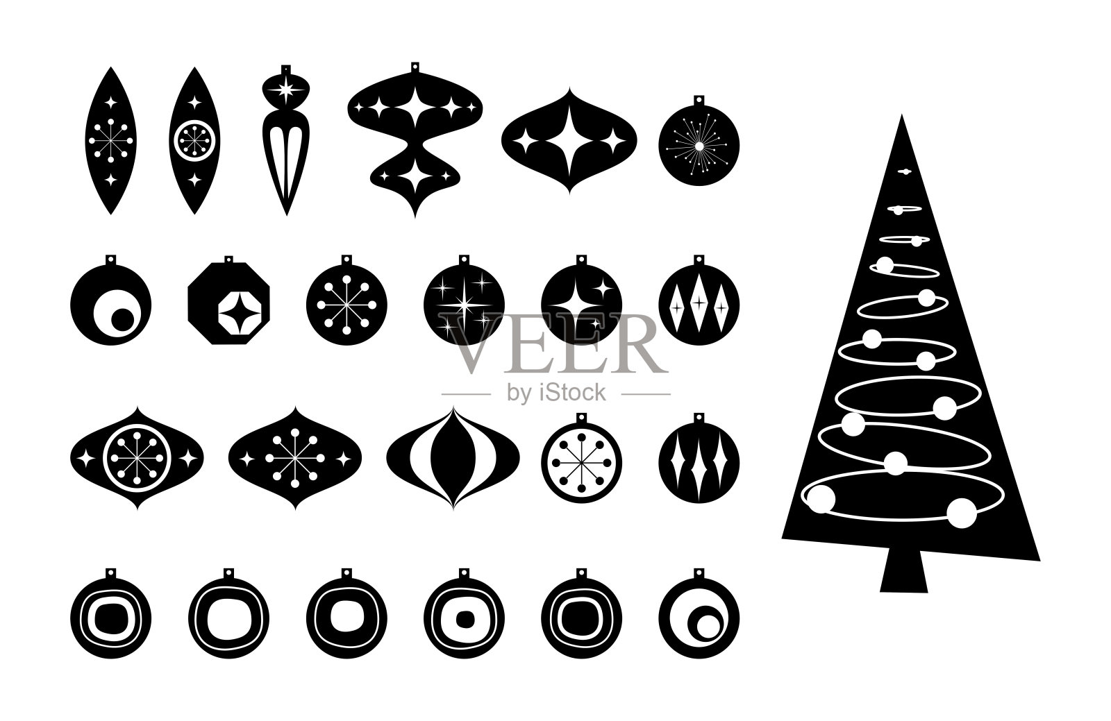 圣诞树装饰品捆绑世纪中期现代复古圣诞剪贴画复古MCM原子星爆Cricut矢量集剪影剪贴艺术MCM形状集原子时代空间时代新年插画图片素材