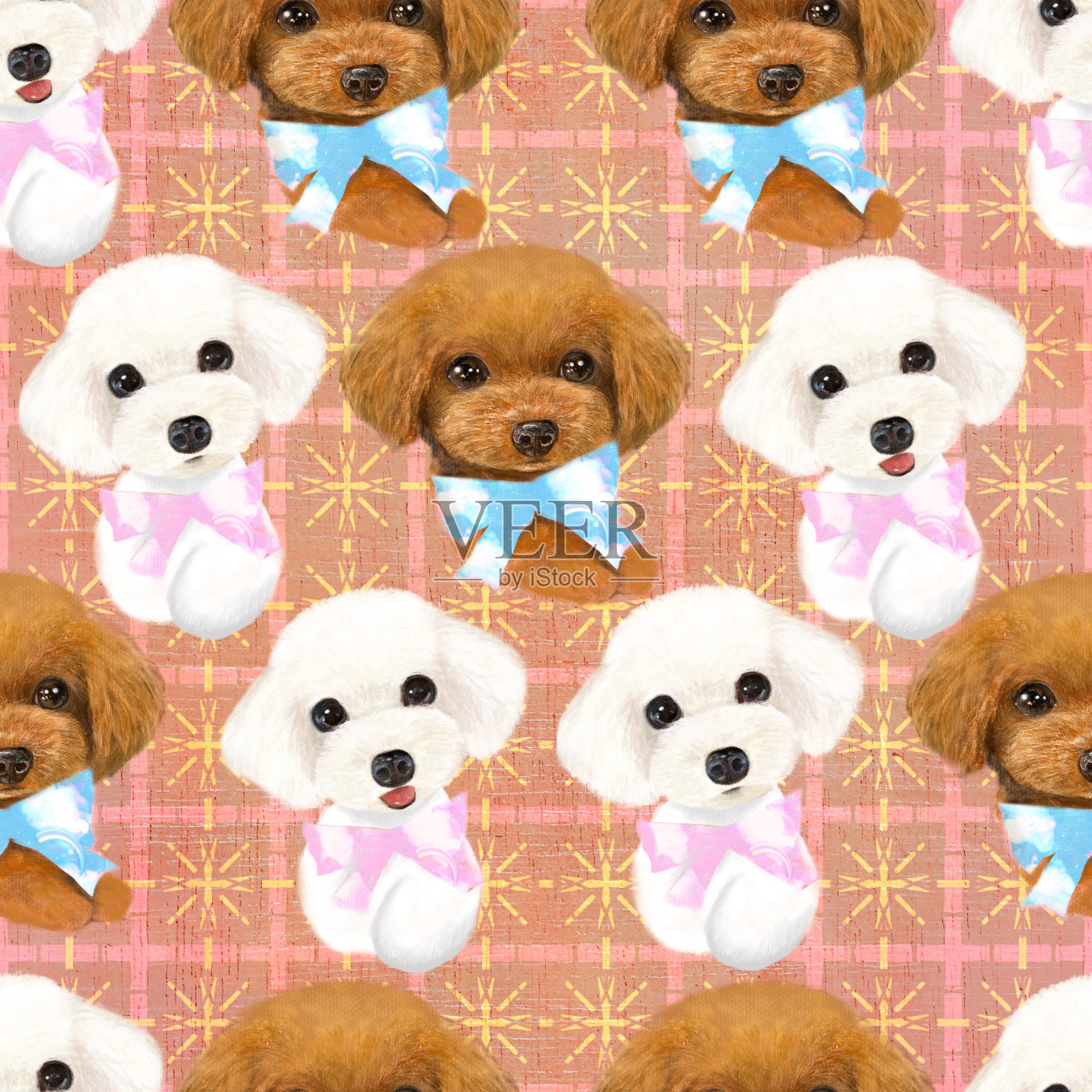 无缝图案插图的玩具贵宾犬穿着丝带和方格背景插画图片素材