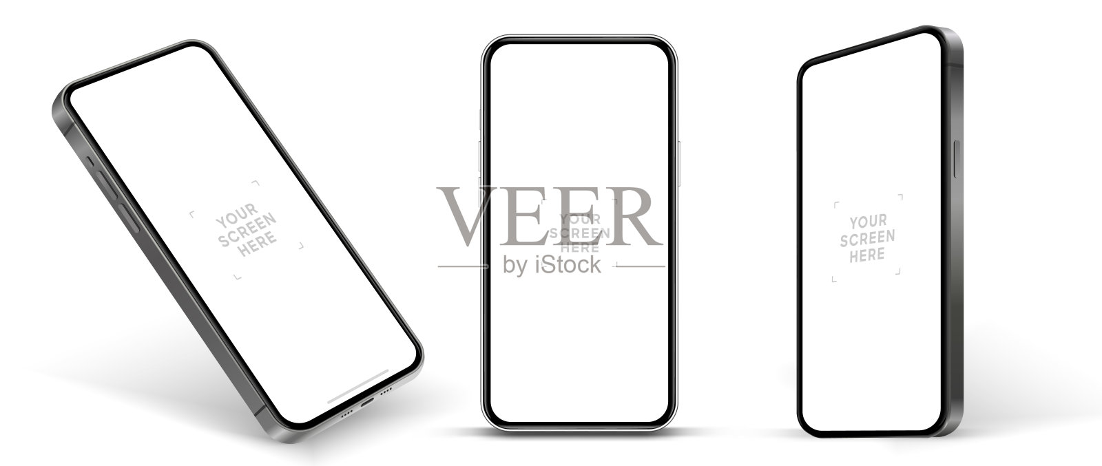 3D逼真的高质量智能手机模型与孤立的背景。智能手机模型收集。设备前视图。3D手机与阴影在白色背景。插画图片素材