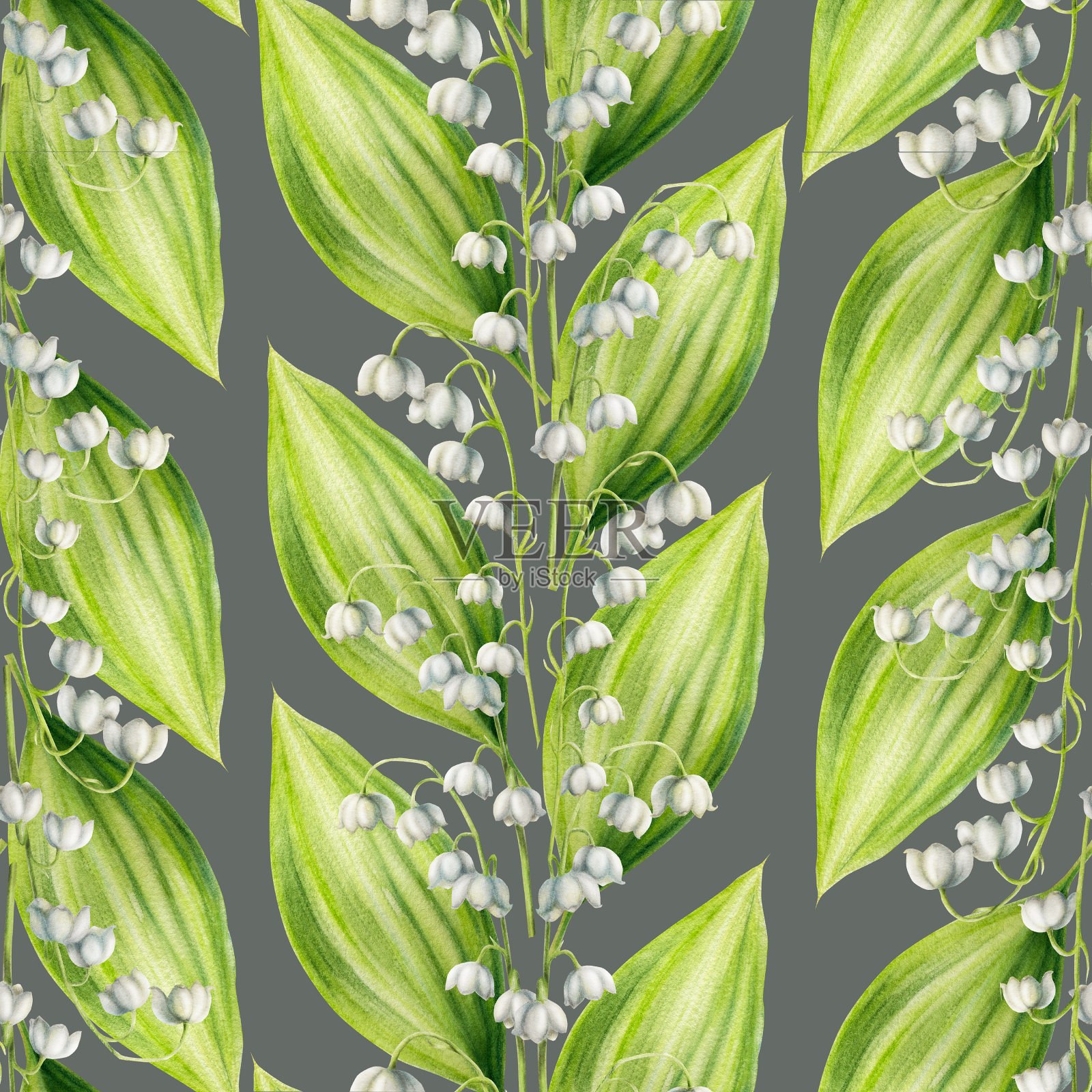 水彩无缝图案与花束的百合的山谷花孤立的背景。春天和复活节手绘插图。适合设计师、婚礼、装饰、明信片、包装纸、剪贴簿、封面、请柬、海报等插画图片素材