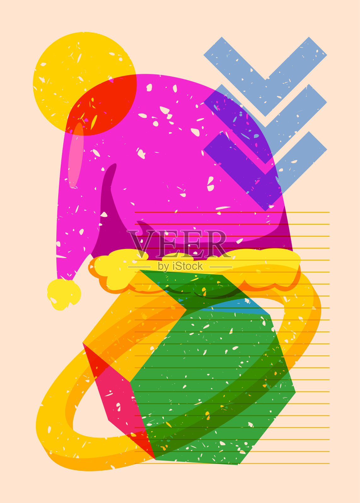 用几何图形绘制圣诞老人帽。物体以时尚的riso图形打印纹理风格设计与几何元素。插画图片素材