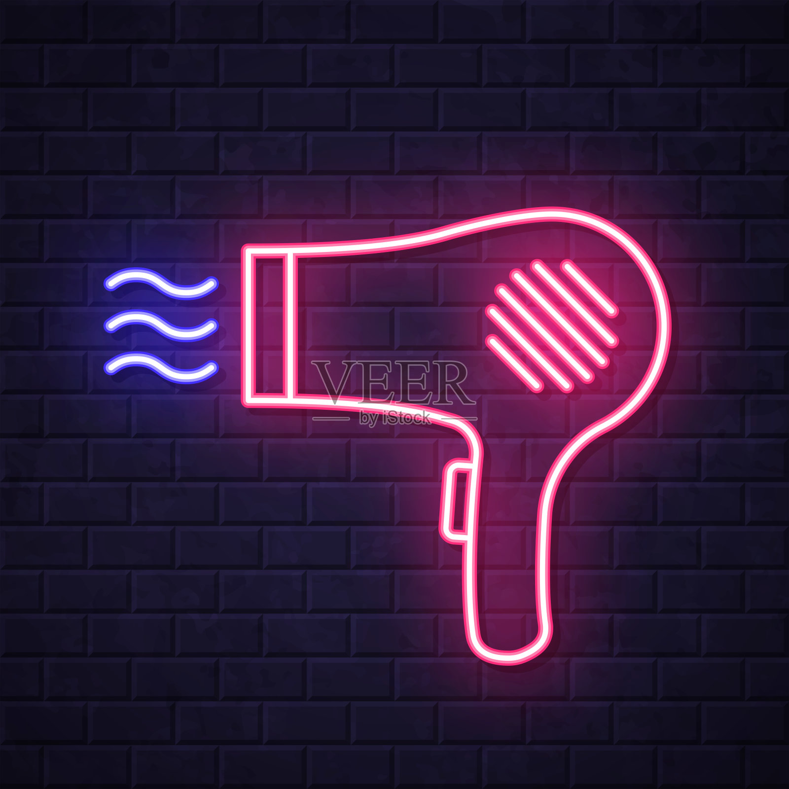 吹风机。在砖墙背景上发光的霓虹灯图标插画图片素材