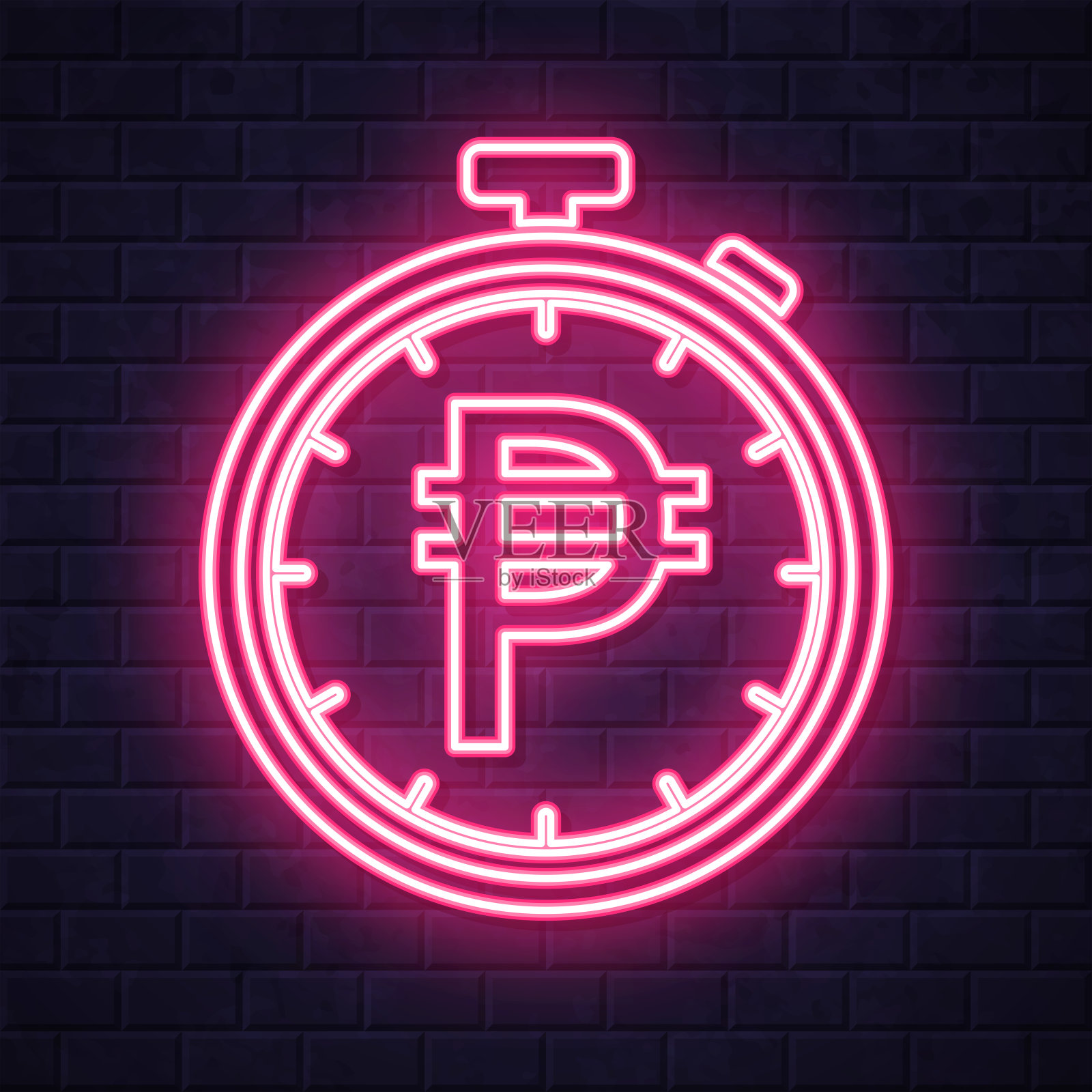 带有比索标志的秒表。在砖墙背景上发光的霓虹灯图标插画图片素材