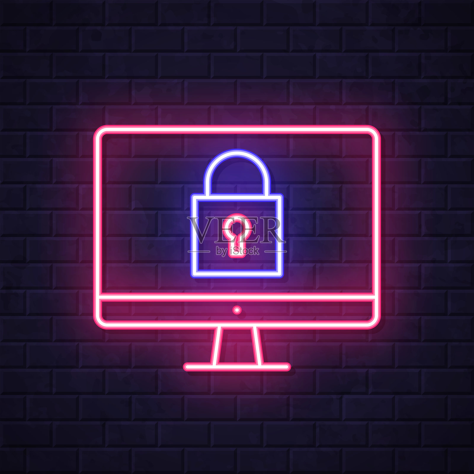 带挂锁的台式电脑。在砖墙背景上发光的霓虹灯图标插画图片素材