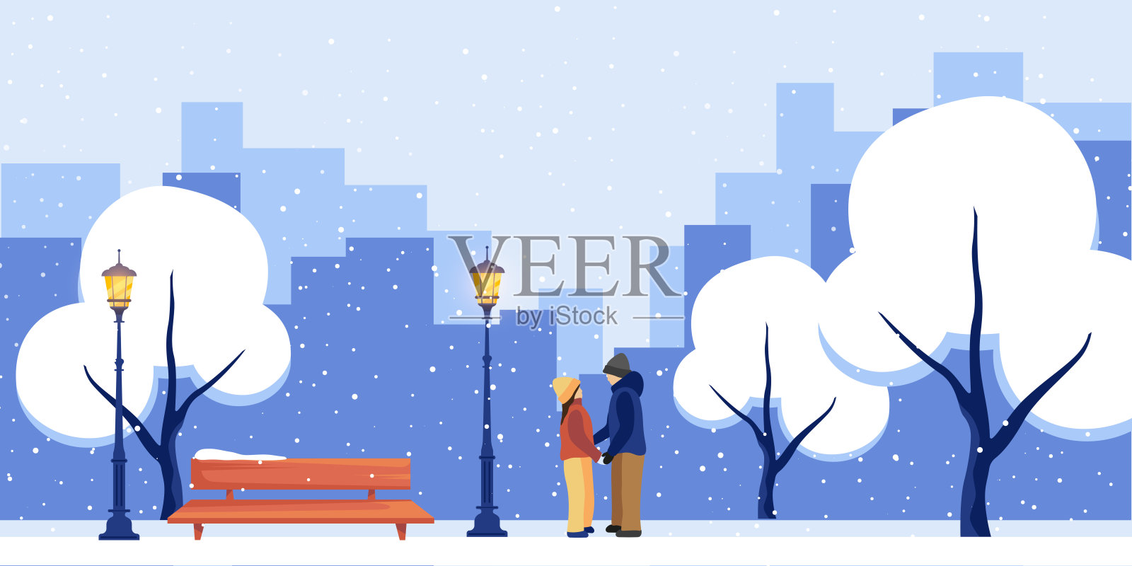 冬日公园里的情侣插画图片素材