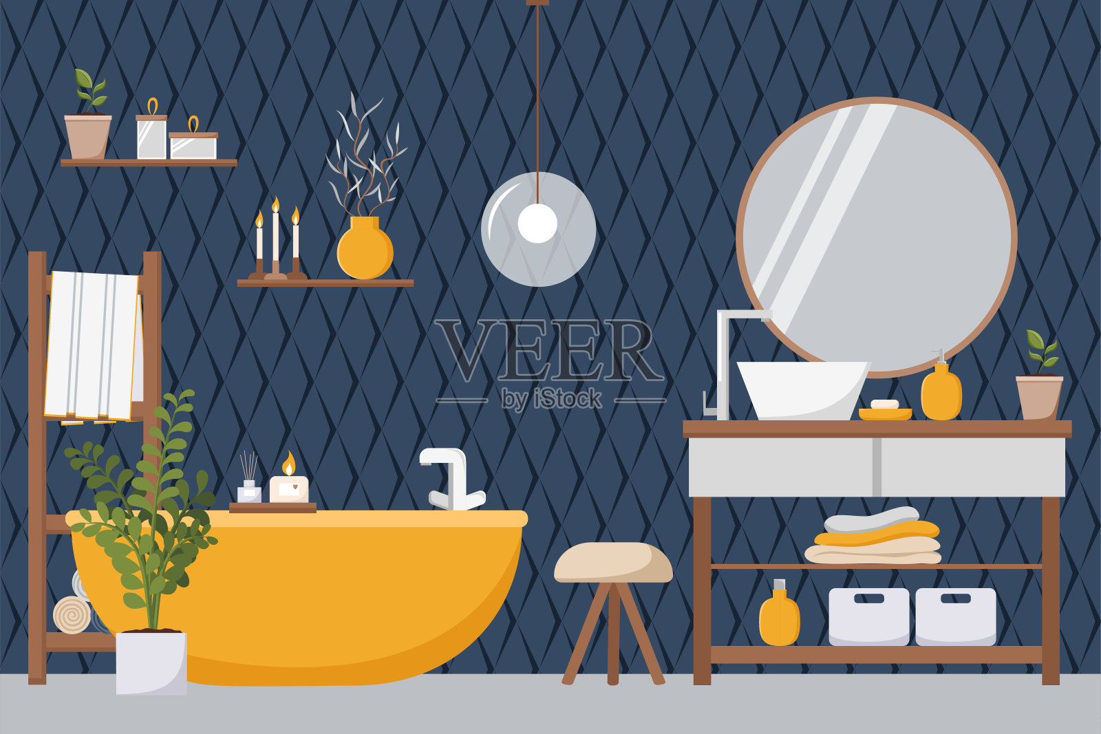 舒适的现代风格浴室,深蓝色,橙色和白色调。深蓝色菱形瓷砖。平静的气氛。室内和家具收藏。斯堪的纳维亚设计。矢量卡通平面插图插画图片素材
