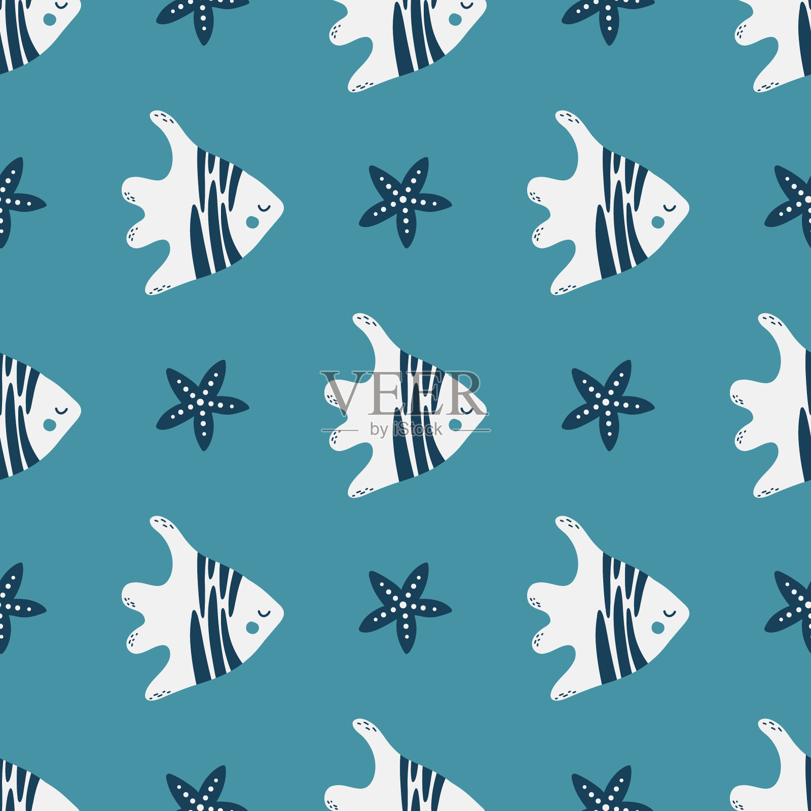 海底图案与创意和丰富多彩的鱼类。极富创意的海底童稚质感。伟大的织物,纺织品矢量插图插画图片素材